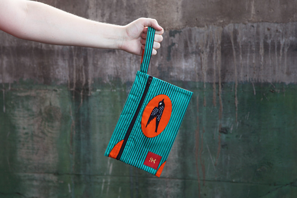 Zipper Pouch "Birds Flying High, Teal and Orange"