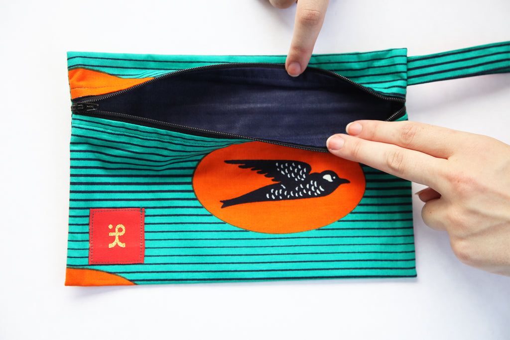Zipper Pouch "Birds Flying High, Teal and Orange"