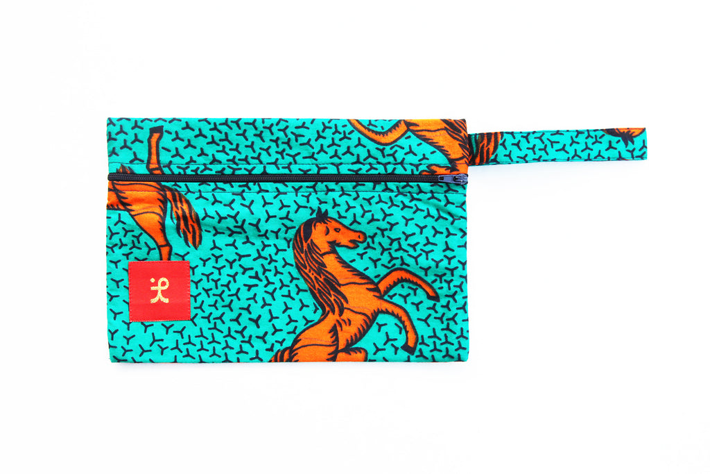 Zipper Pouch "Wild Horses, Orange and Turquoise"