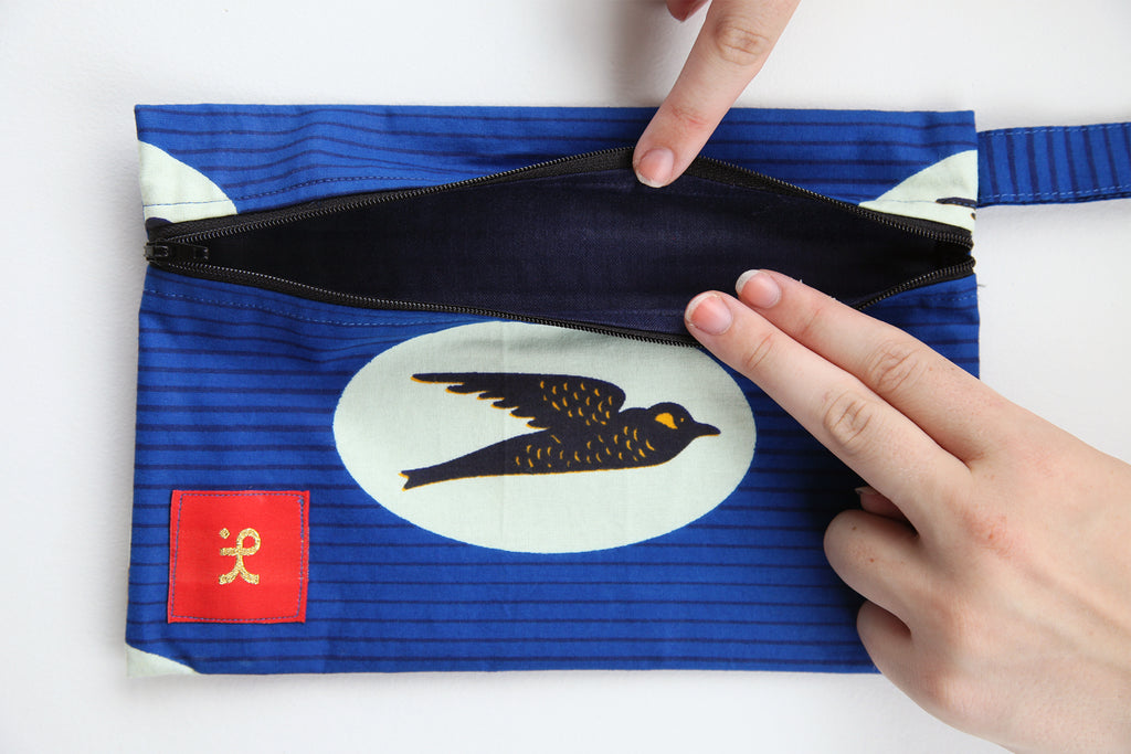 Zipper Pouch  "Birds Flying High, Blue and Yellow"