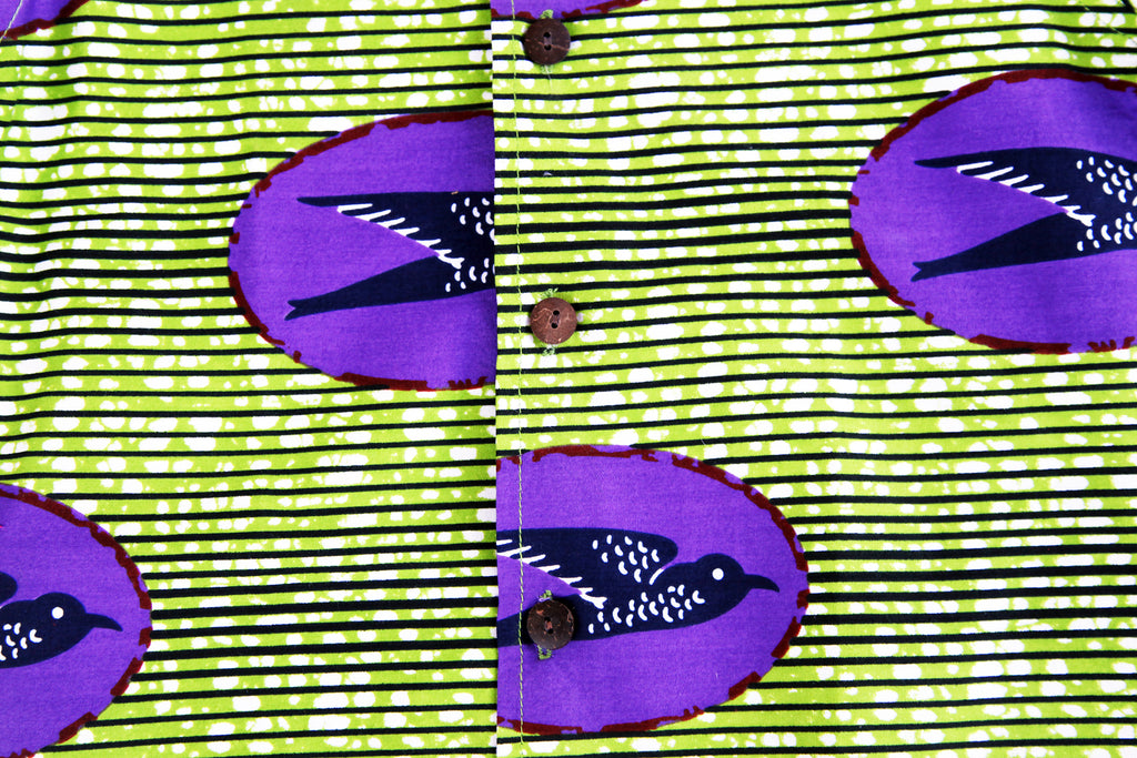 Unisex Children's Button Up Shirt "Birds Flying High, Green and Light Purple"