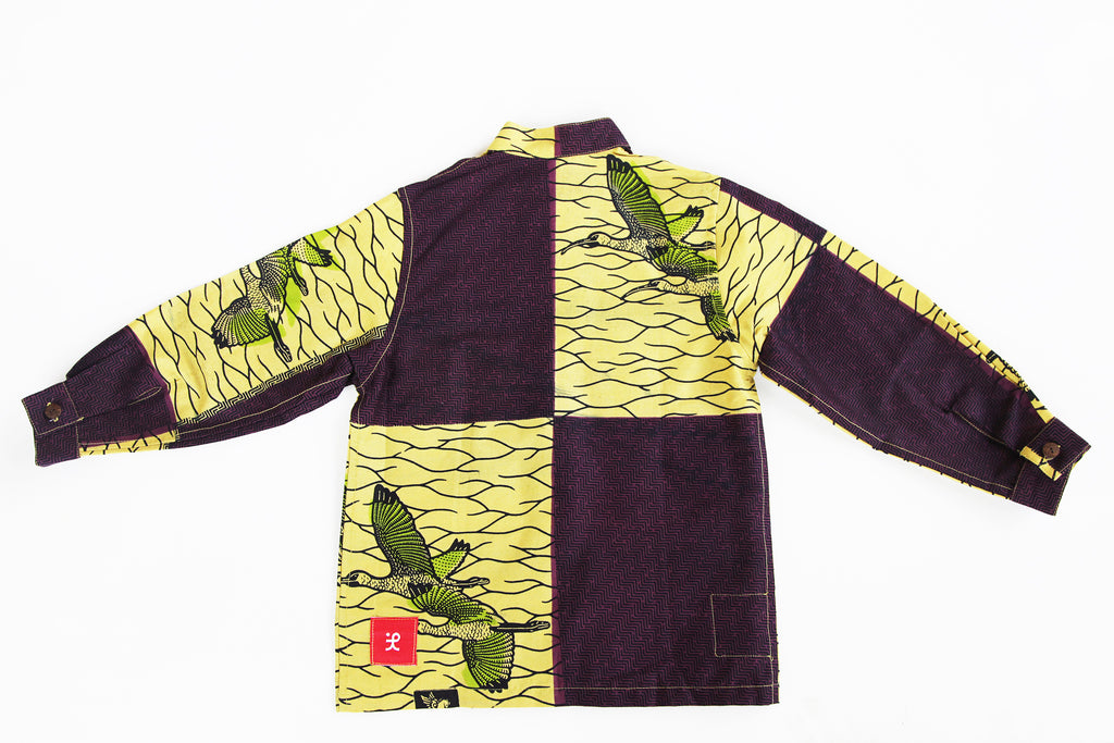 Unisex Children's Button Up Shirt "Migrating Cranes, Yellow and Purple"