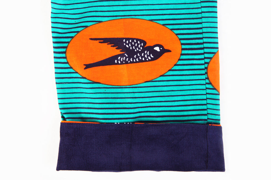 Baby and Toddler Reversible Pants "Birds Flying High, Teal and Orange"