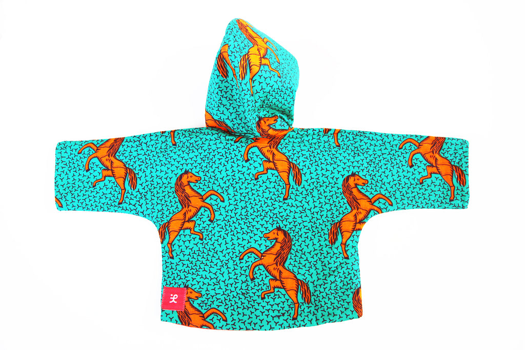 Kids Unisex Hooded Kimono "Wild Horses, Orange and Turquoise"
