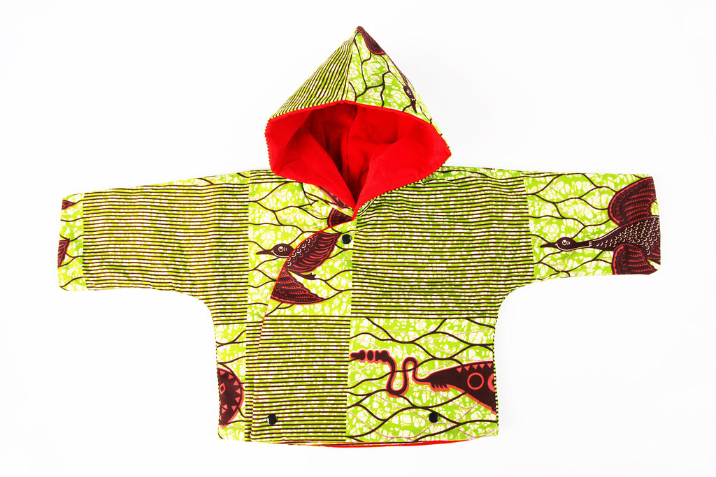 Kids Unisex Hooded Kimono "Migrating Cranes, Green"