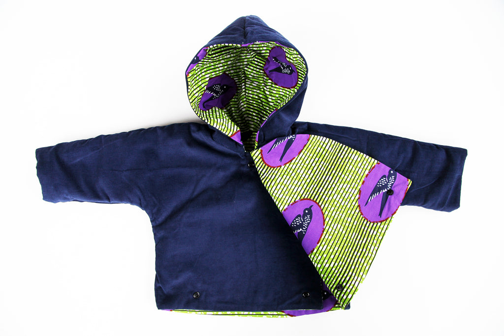 Kids Unisex Hooded Kimono "Birds Flying High, Green and Light Purple"