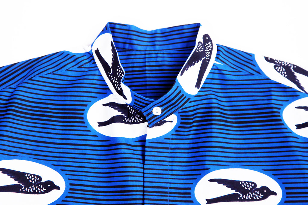 Adult Unisex Button Down Shirt Mandarin/Classic "Birds Flying High, Blue"