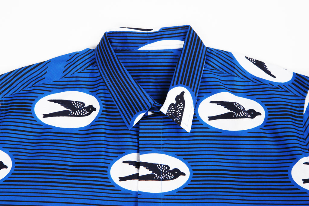 Adult Unisex Button Down Shirt Mandarin/Classic "Birds Flying High, Blue"