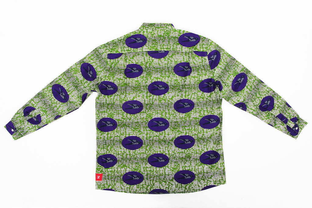 Adult Unisex Button Down Shirt Mandarin "Birds Flying High, Green and Purple"