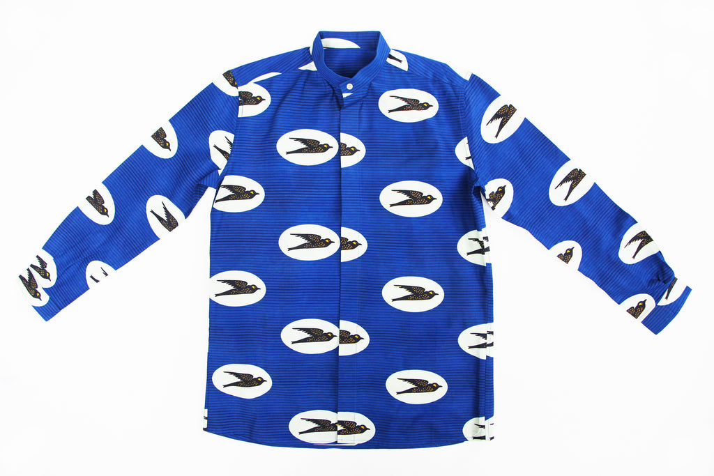 Adult Unisex Button Down Shirt Mandarin/Classic "Birds Flying High, Blue and Yellow"