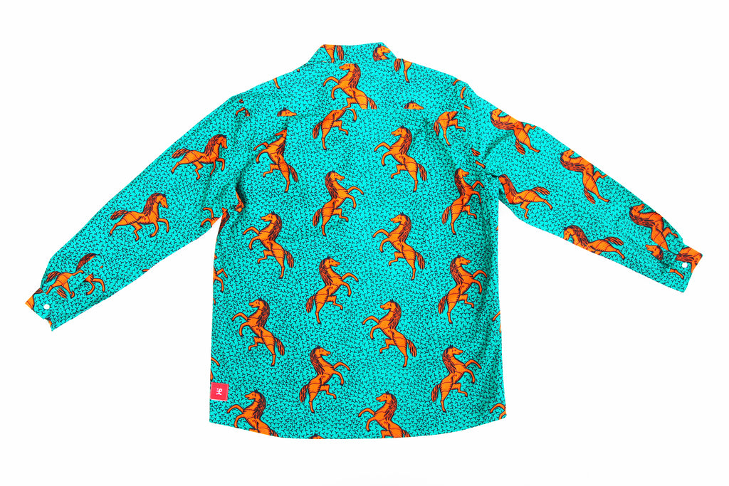 Adult Unisex Button Down Shirt Mandarin/Classic "Wild Horses, Orange and Turquoise"